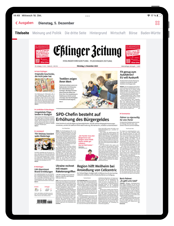 Mockup Tablet mit Artikel der Esslinger Zeitung