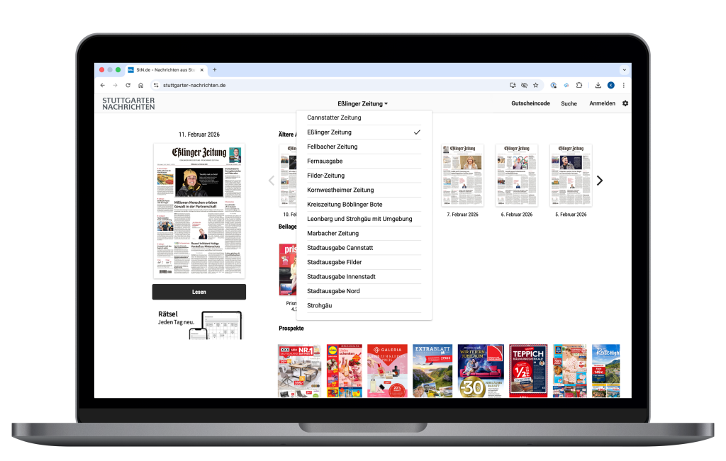 Oben zentriert können Sie Ihre gewünschte Lokalausgabe auswählen