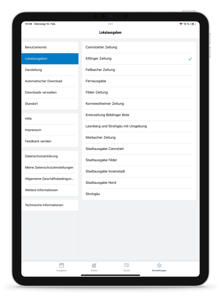 Dann unter "Lokalausgaben" die gewünschte Lokalausgabe auswählen